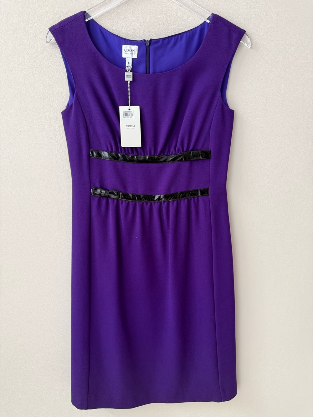 ARMANI Purple Sheath Dress with Black Patent Bows NWT